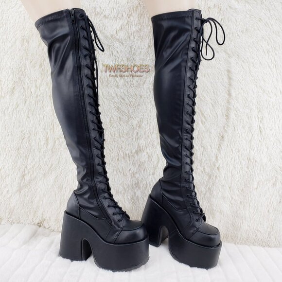 Chunky Platform Heel Stretch Lace Up Thigh Boots